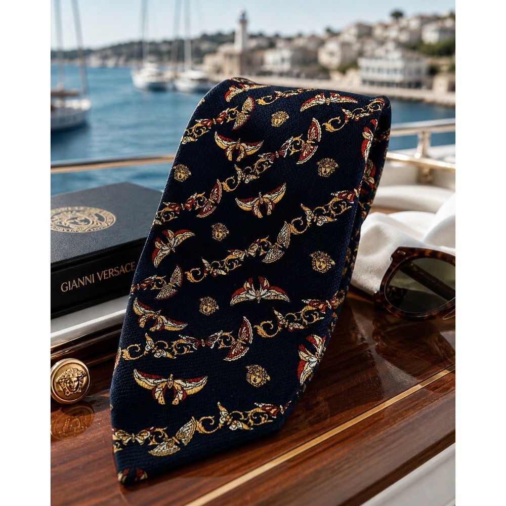 GIANNI VERSACE Silk Tie Navy Gold Medusa Butterfly Baroque Italy Luxury Designer